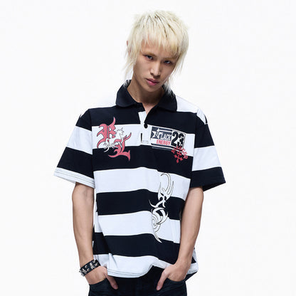 Polo Collar Stripe Print Oversize Short Sleeve T-Shirt WN27281