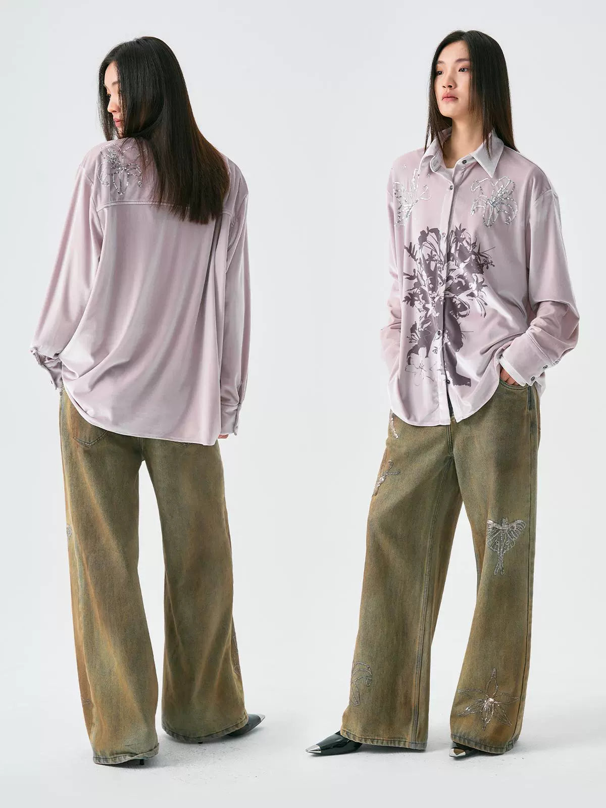 Sequin Embroidery Velour Long Sleeve Shirt WN18912