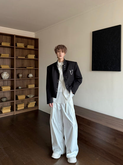 Metal Buckle Standing-Collar Shoulder-Pad Tailored Jacket WN23177