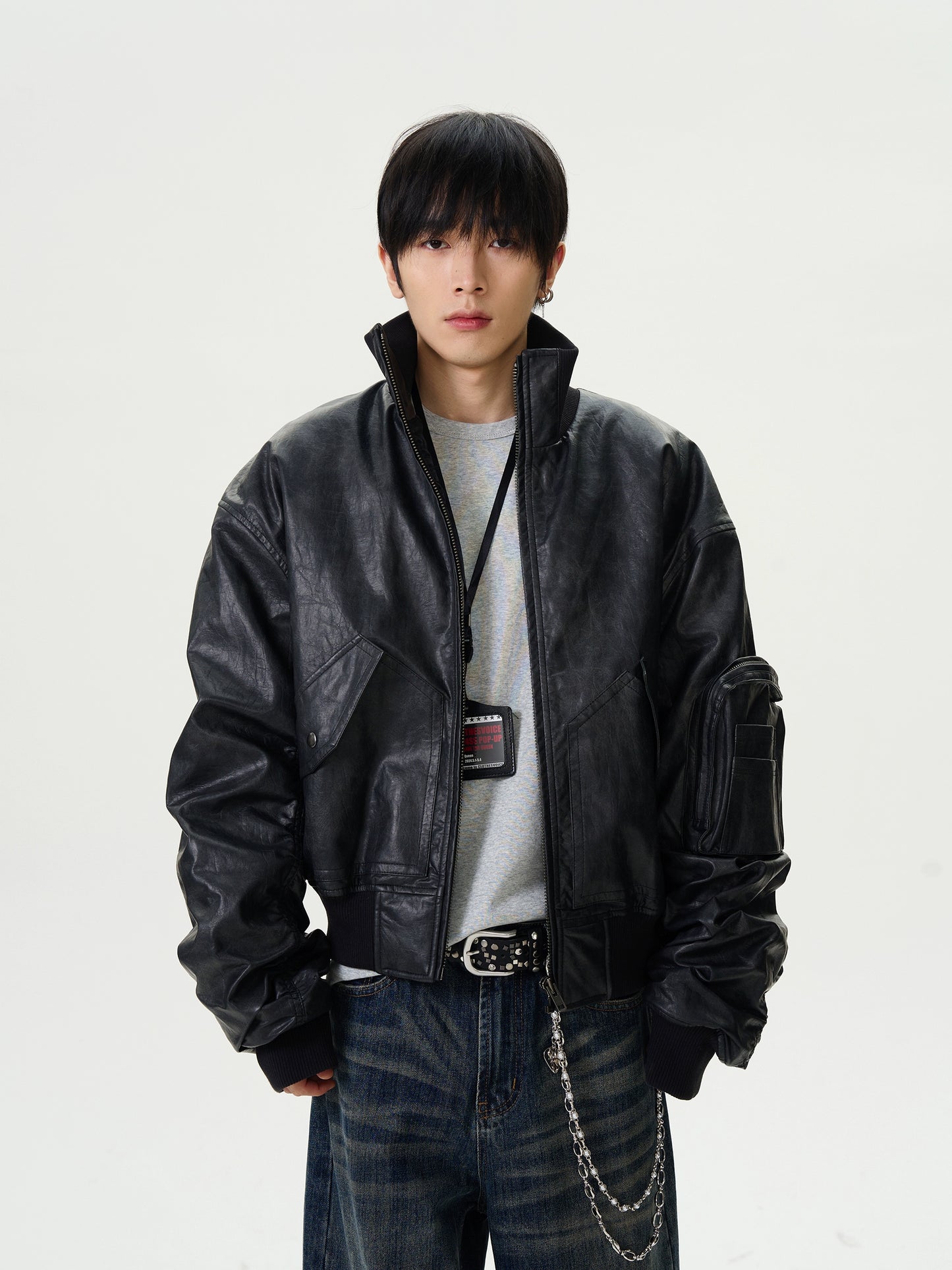 Standing-Collar PU Leather Puffer Jacket WN16380