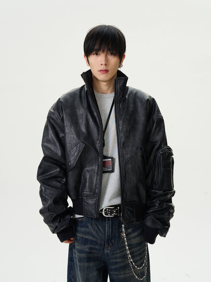 Standing-Collar PU Leather Puffer Jacket WN16380