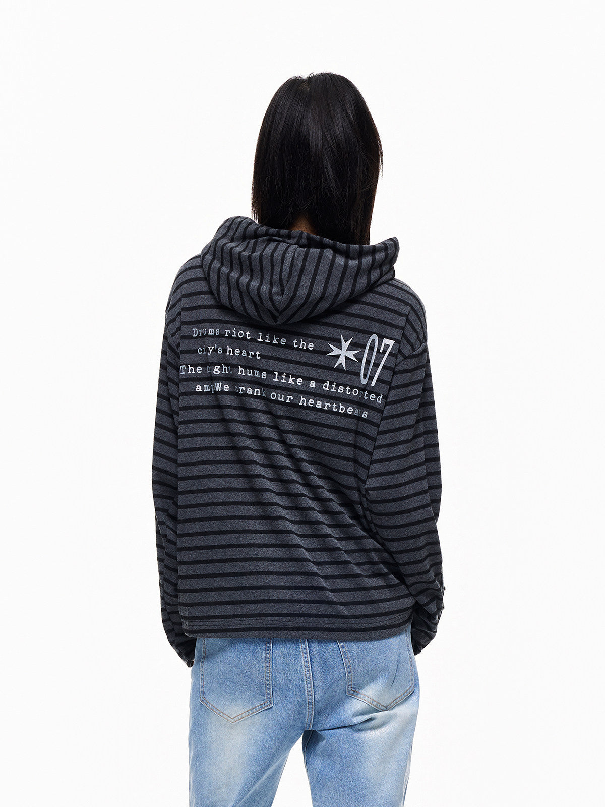 Stripe Slogan Foil Print Stud Zipper Hoodie WN27293