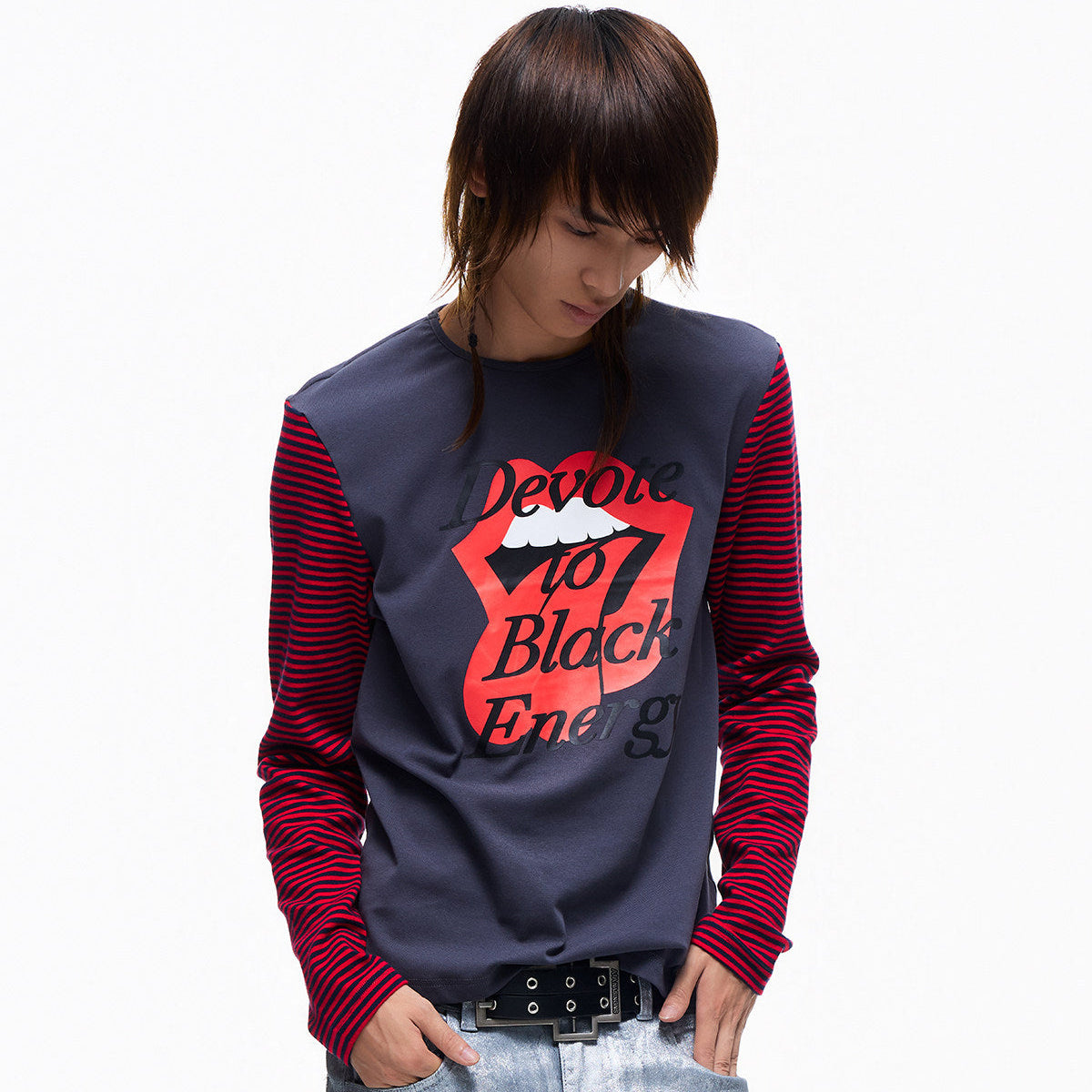 Stripe Panel Raglan Sleeve Print Long Sleeve T-Shirt WN27369