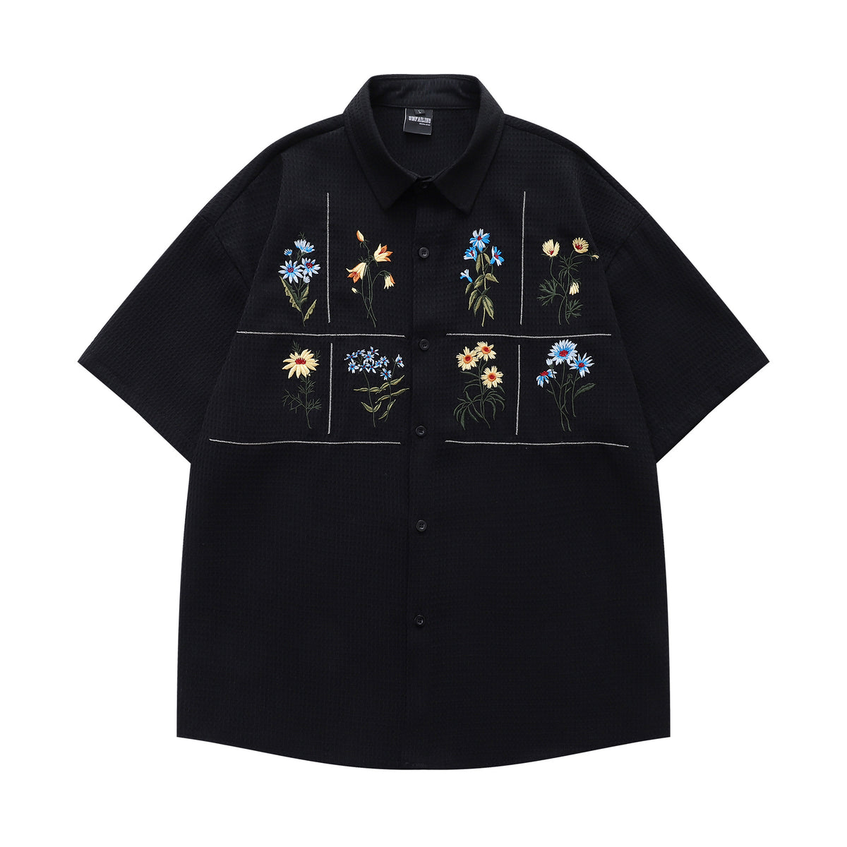 Flower Embroidery Waffle Short Sleeve Shirt WN26913
