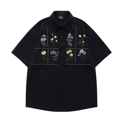 Flower Embroidery Waffle Short Sleeve Shirt WN26913
