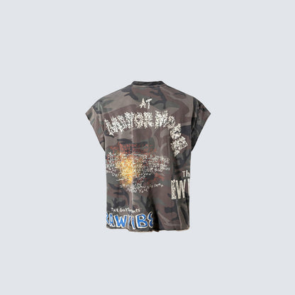 Camo Typography Graphic Sleeveless T-Shirt WN27985