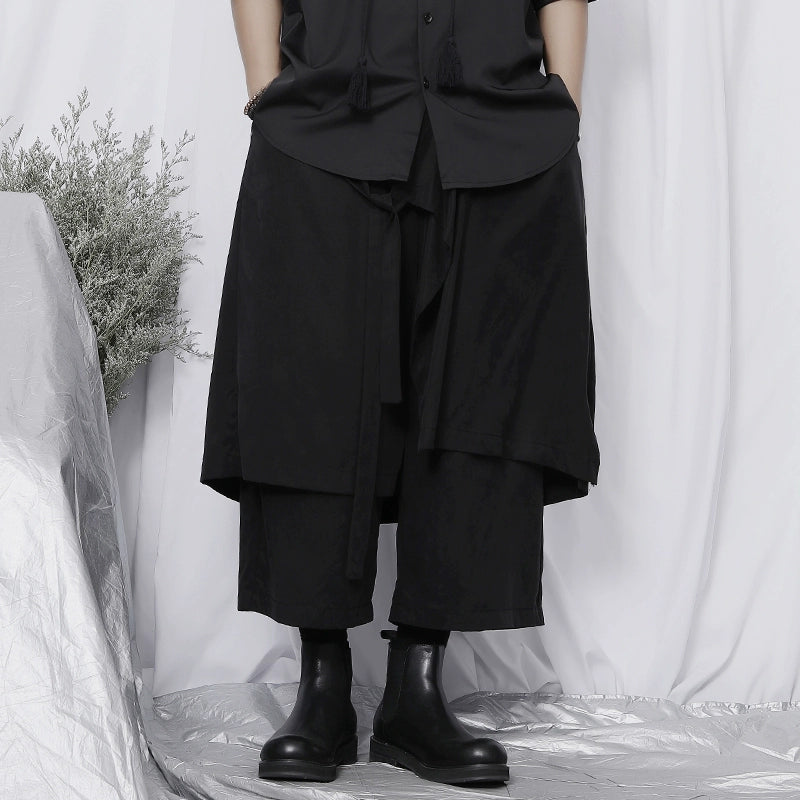 WN20142 China-Chic Brand Large Size Cropped Pants Men ins Retro Casual Asymmetrical Wide Leg Pants Draping Cropped Skirt Pants WN20142