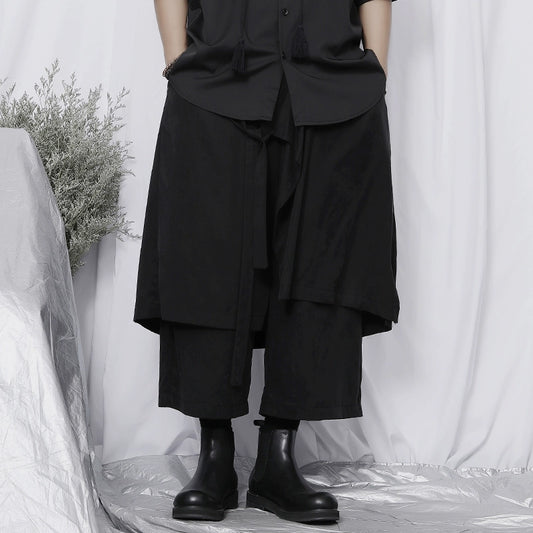WN20142 China-Chic Brand Large Size Cropped Pants Men ins Retro Casual Asymmetrical Wide Leg Pants Draping Cropped Skirt Pants WN20142