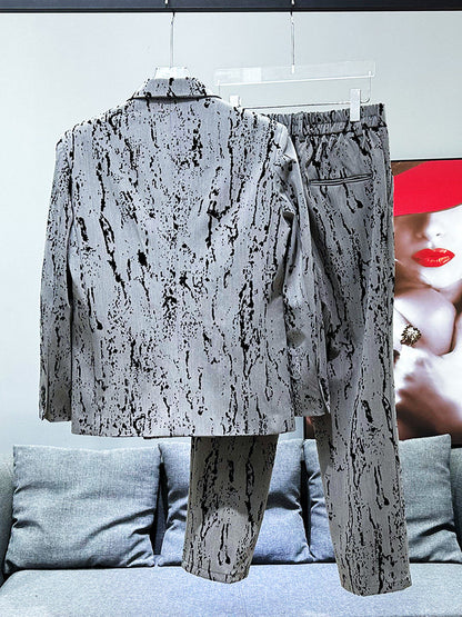 Splatter Print Metal Buckle Shoulder-pad Tailored Jacket & Straight Trousers Setup WN23965