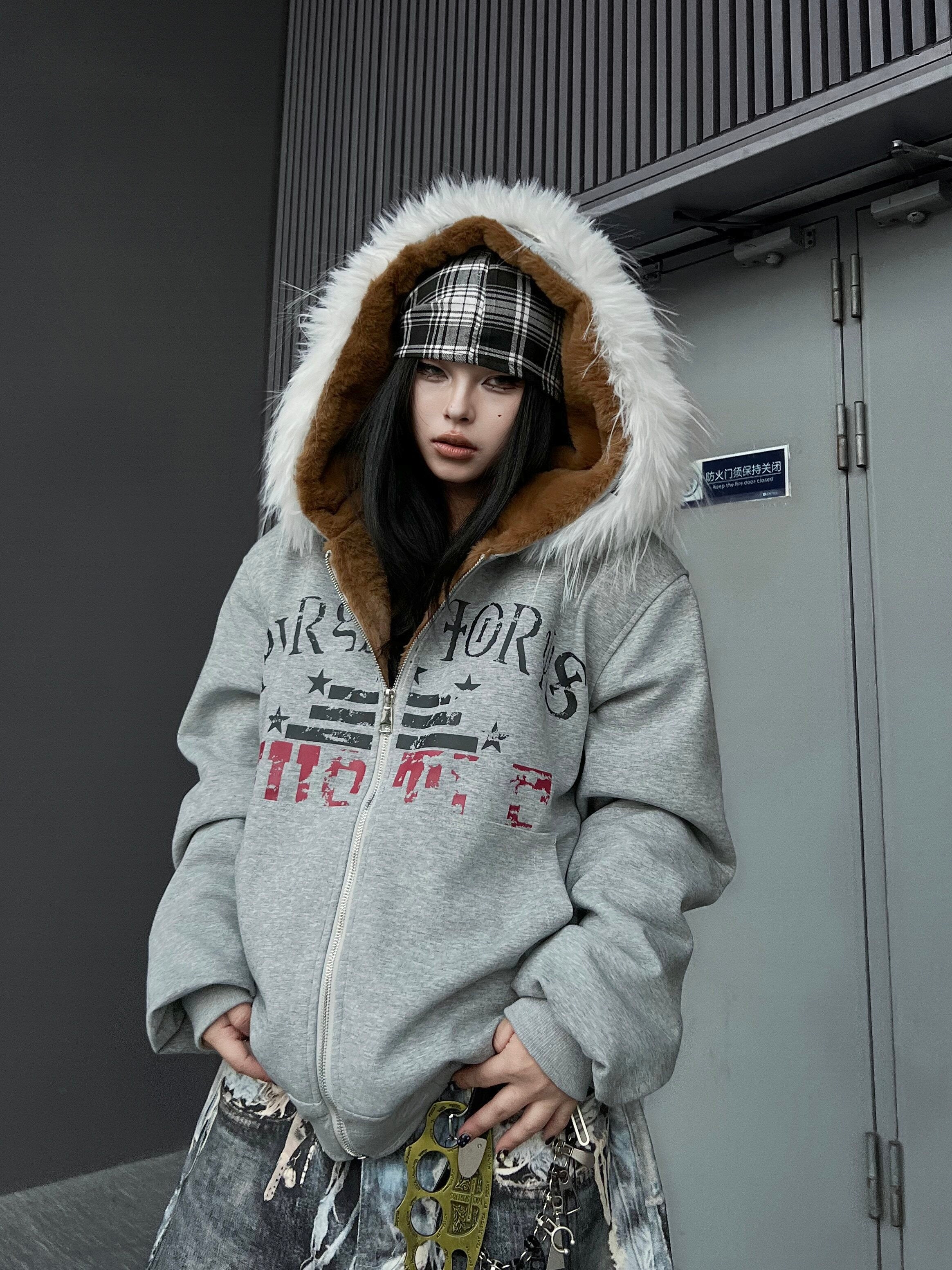 Fake Fur Graffiti Print Zipper Hooded Jacket WN24158 – WONDER NOAH