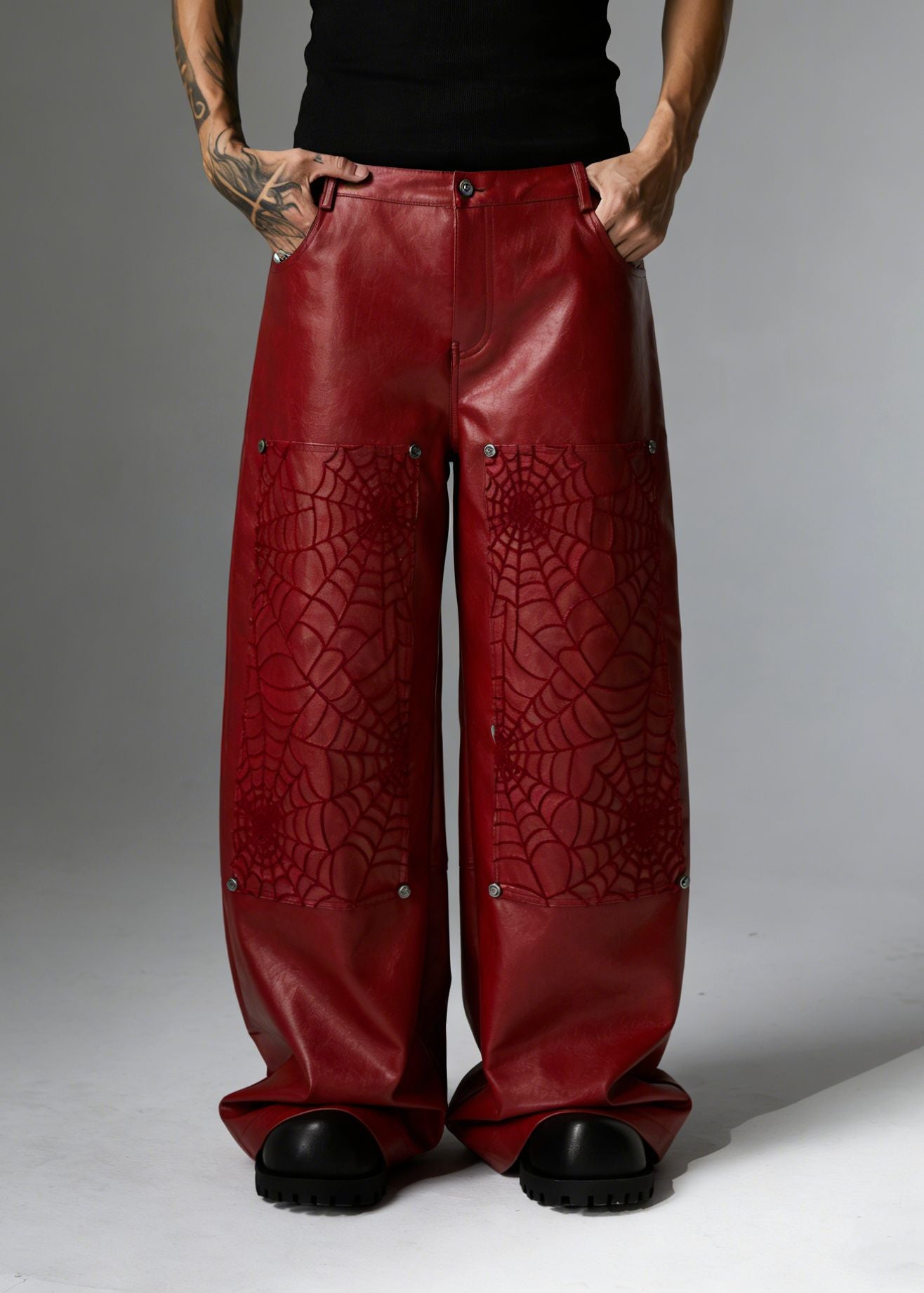 PU Leather Embroidery Wide Leg Pants WN23060