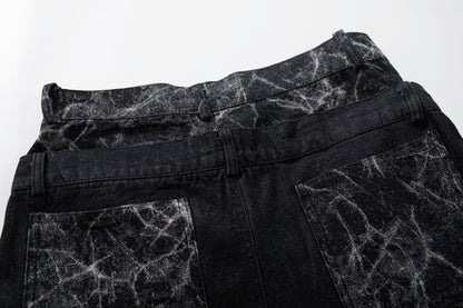 Double Waist Marble Panel Wide Leg Denim Jeans WN25907