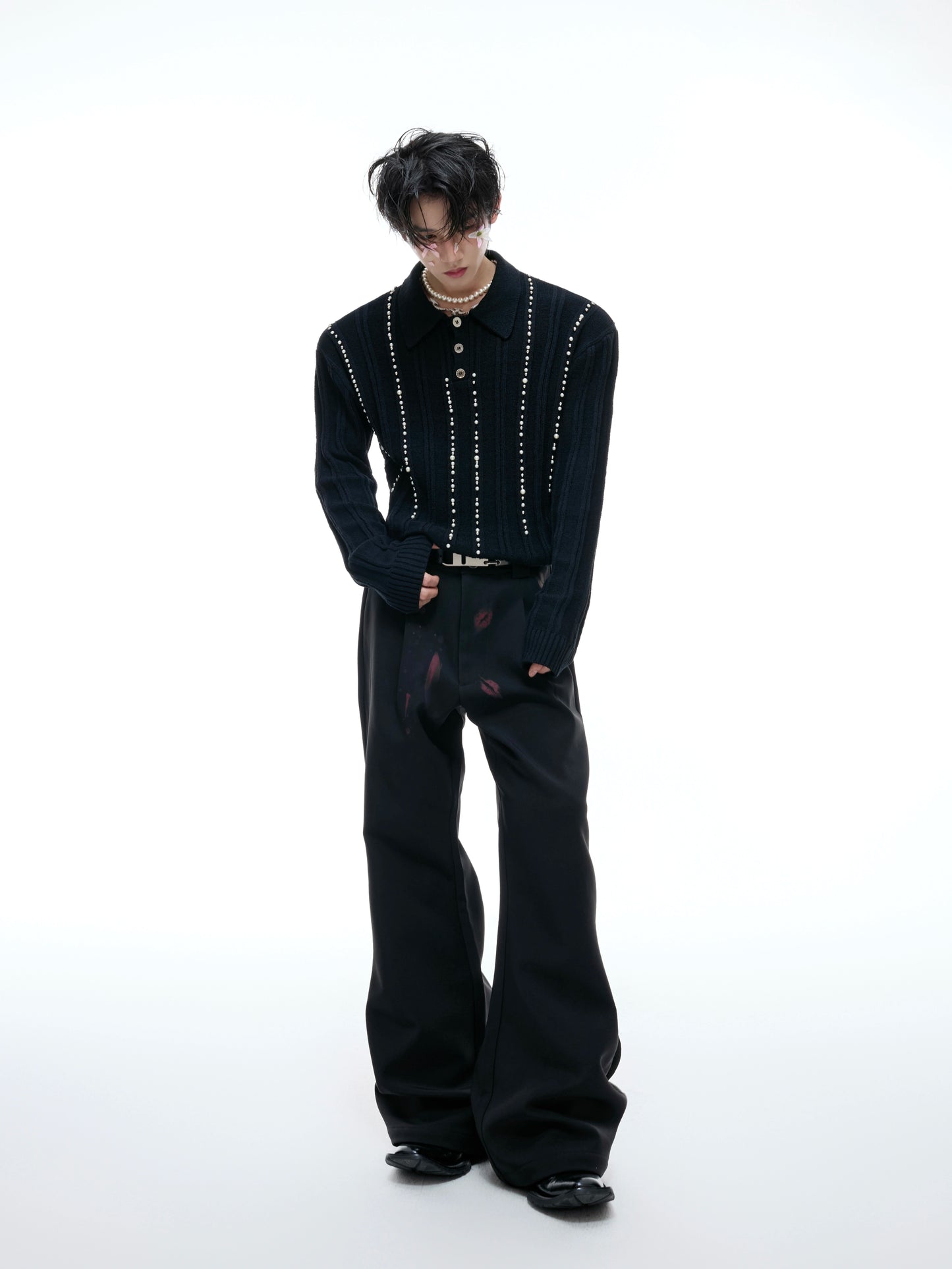 Pearl Beads Detail Knit Polo Shirt WN20540