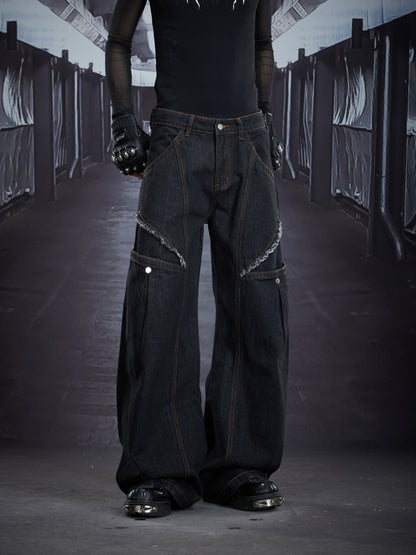 Deconstruct Design Topstitch Raw Edge Wide Leg Barrel Denim Jeans WN22865