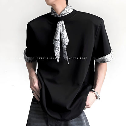 Snake Neck Patchwork Shoulder-Pad Short Sleeve T-Shirt WN20080