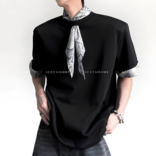 Snake Neck Patchwork Shoulder-Pad Short Sleeve T-Shirt WN20080