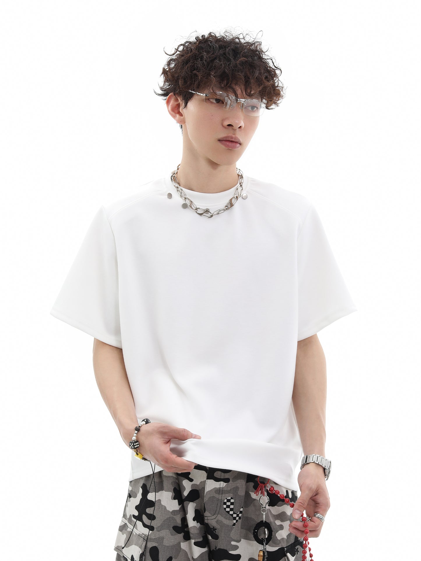 Metal Button Oversize Short Sleeve T-Shirt WN15665