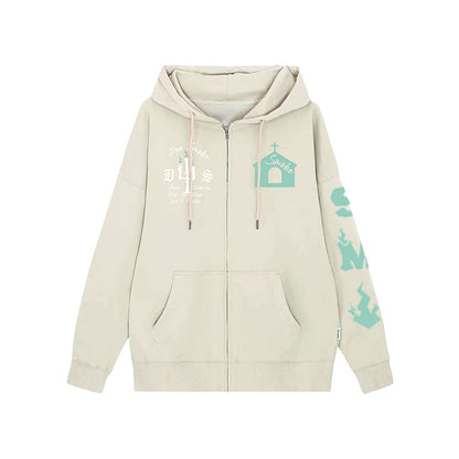 Castle Print Fleece Zipper Hoodie WN10086