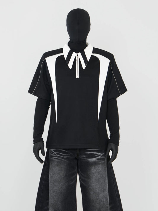 Contrast Half-Zip Turn-Down Collar Short Sleeve T-Shirt WN17311