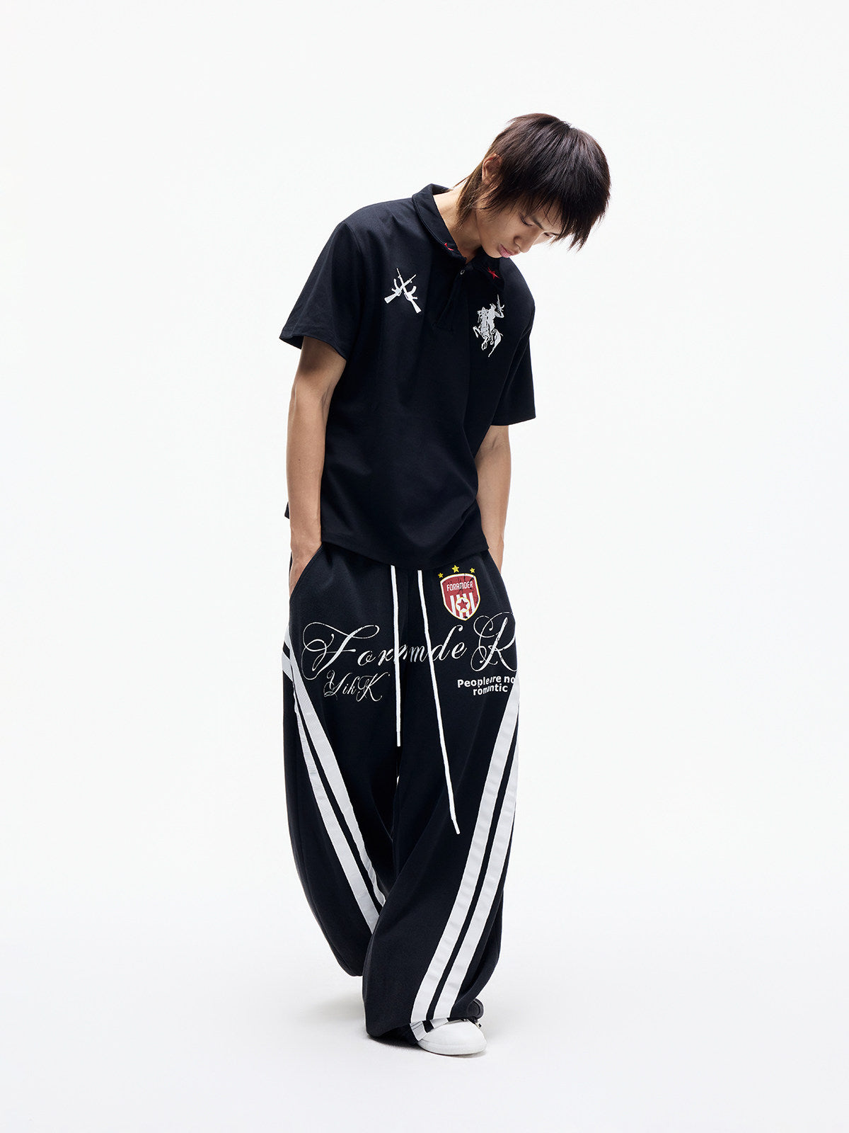 Contrast Stripe Print Drawstring Wide Leg Sweatpants WN27280