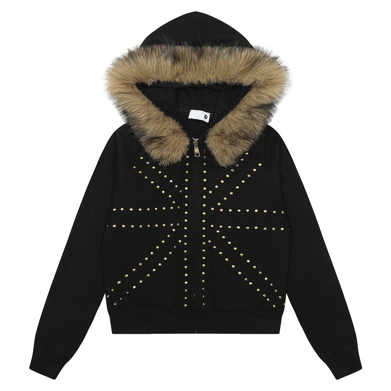 Fake Fur Collar Studs Design Zipper Hoodie WN23579