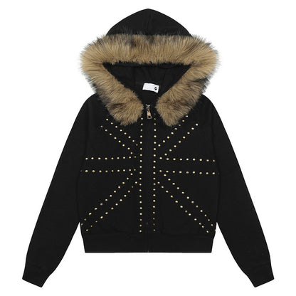 Fake Fur Collar Studs Design Zipper Hoodie WN23579