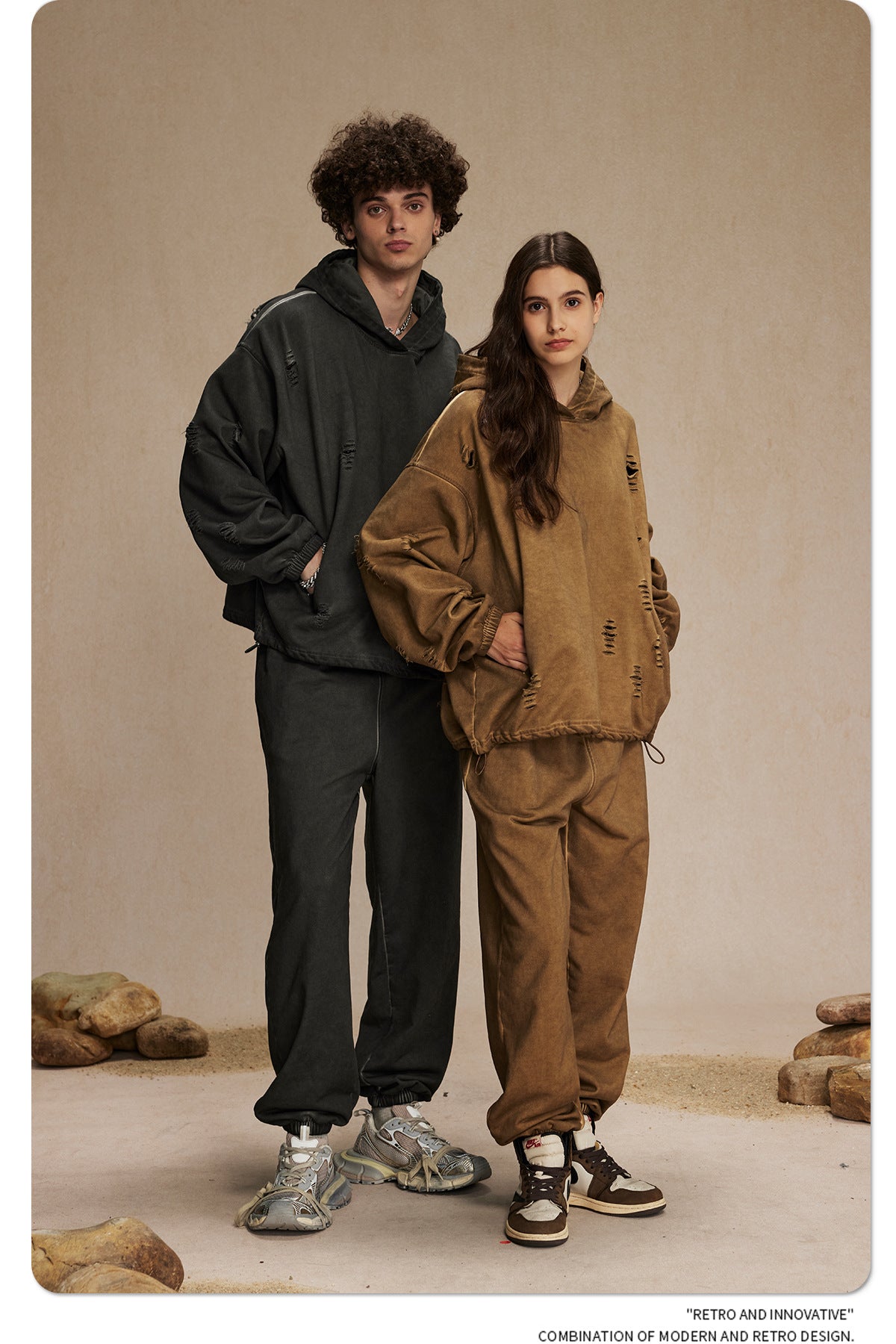 Oversize Drawstring Damage Hoodie WN9974