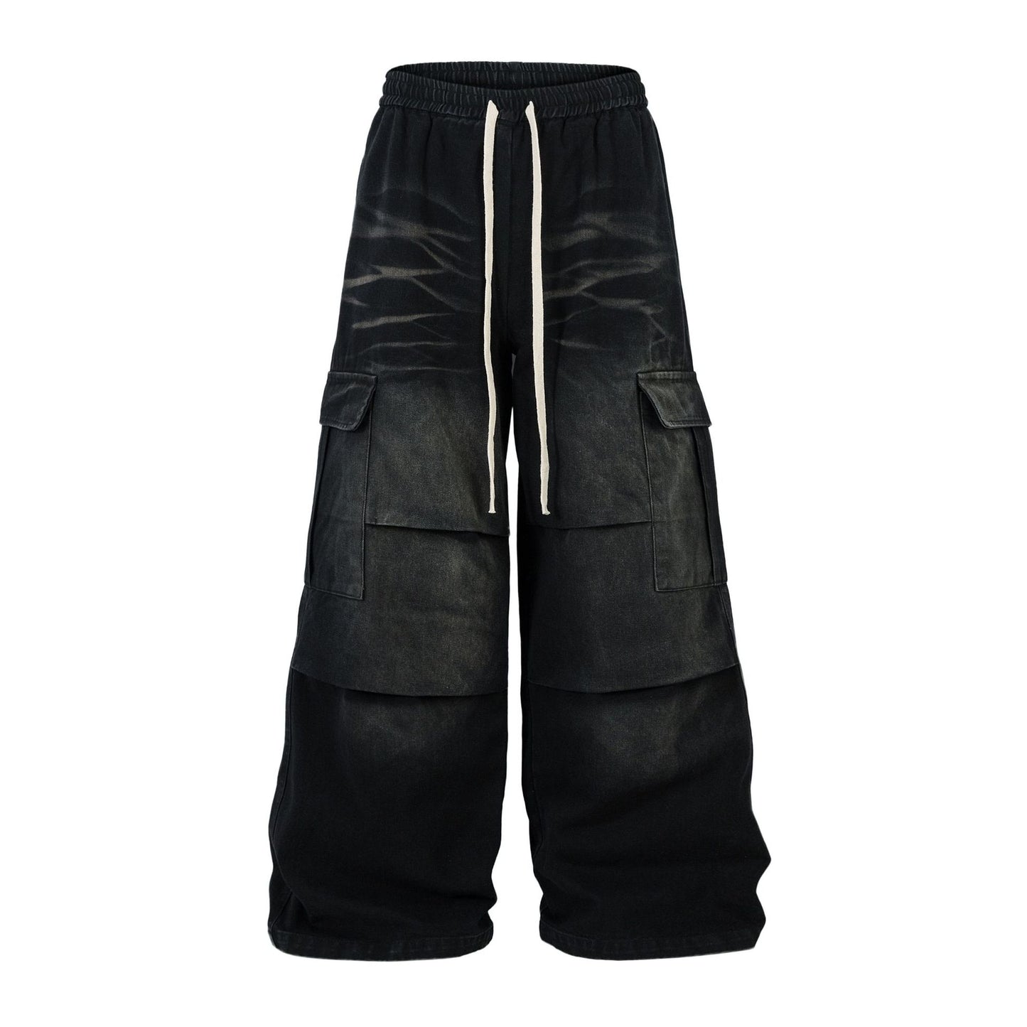 Washed Whisker Cargo Wide Leg Denim Jeans WN25976
