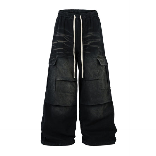 Washed Whisker Cargo Wide Leg Denim Jeans WN25976
