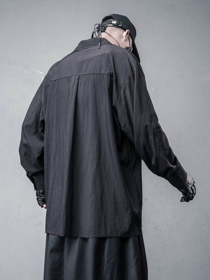 Draped High-Neck Fake Layered Long Sleeve Shirt & Functional Multi-Pocket Waist Bag WN22458