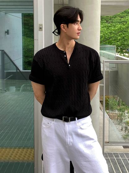 Knit Henley Neck Oversize Short Sleeve T-Shirt WN20323