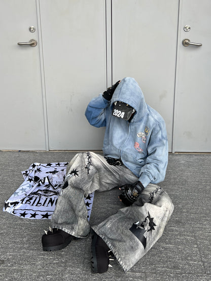 Wash Damage Oversize Zipper Hoodie WN24079