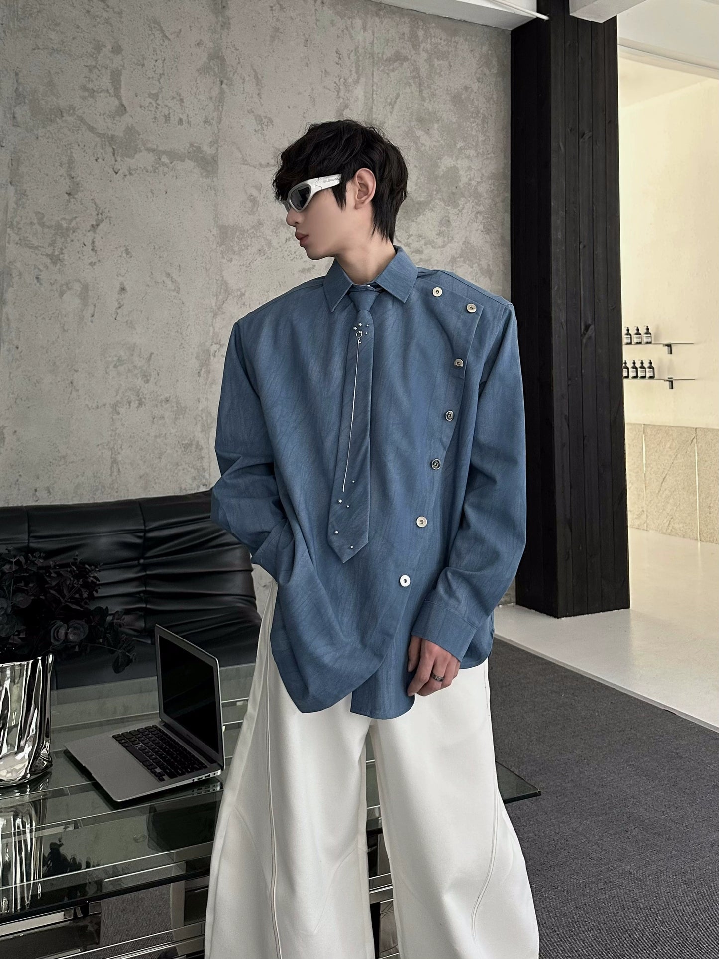 Shoulder-Pad Tie Design Oversize Long Sleeve Shirt WN16759