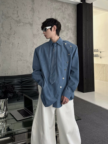 Shoulder-Pad Tie Design Oversize Long Sleeve Shirt WN16759
