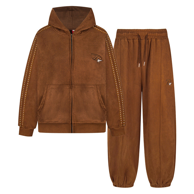 Embroidery Stripe Zipper Hoodie & Embroidery Wide Leg Sweatpants Setup WN23564