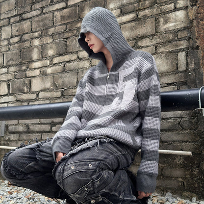 Number Embroidery Stripe Hooded Knit Sweater WN22978