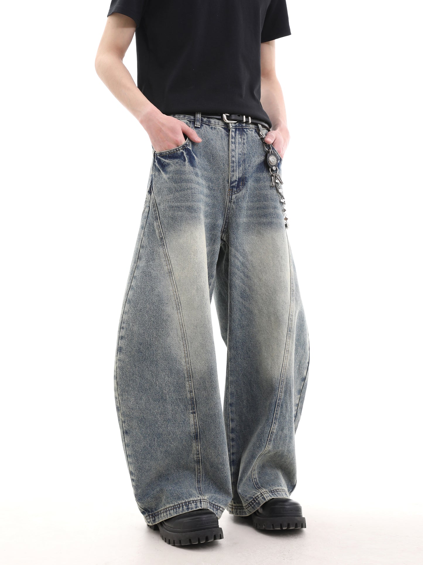 Washed Deconstructed Wide-Leg Denim Jeans WN15648