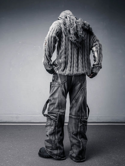 Wash Zipper Pocket Mix Patch Wide Leg Denim Jeans WN22396