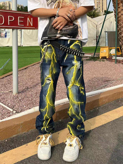 3D Lightning Pleats Extra Long Denim Jeans WN24125