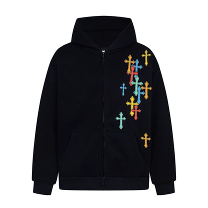 Foam Cross Print Zipper Hoodie WN21040