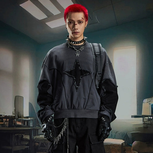 Deconstructed Patchwork Star Raw Hem Oversize Sweatshirt WN20573