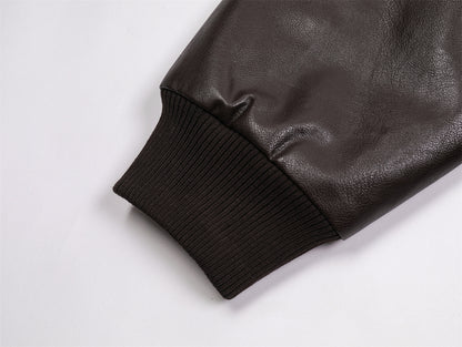 Badge Embroidery Detachable Leopard Collar PU Leather Jacket WN11189