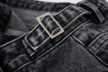 Washed Whisker Metal Buckle Denim Half Pants WN25513