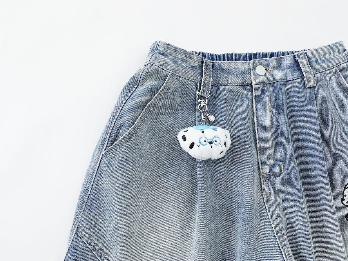 Pleated Dog Embroidery Detachable Dog Charm Wide Leg Denim Jeans WN26803