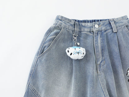 Pleated Dog Embroidery Detachable Dog Charm Wide Leg Denim Jeans WN26803