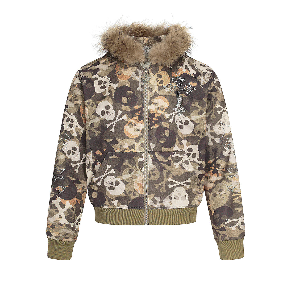 Fake Fur Collar Camouflage Print Rhinestone Zipper Hoodie WN21915