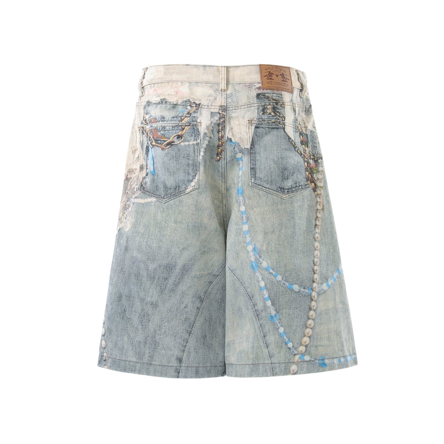 Pearl Chain Collage Print Denim Half Jeans WN25425