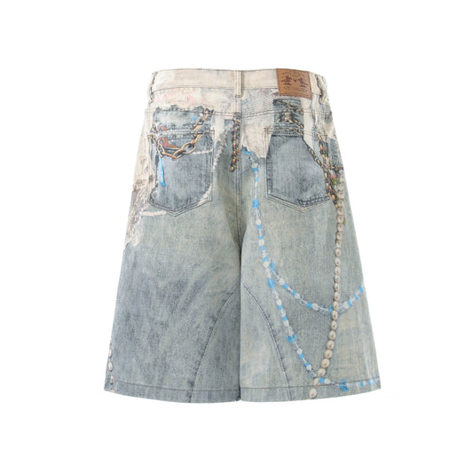 Pearl Chain Collage Print Denim Half Jeans WN25425