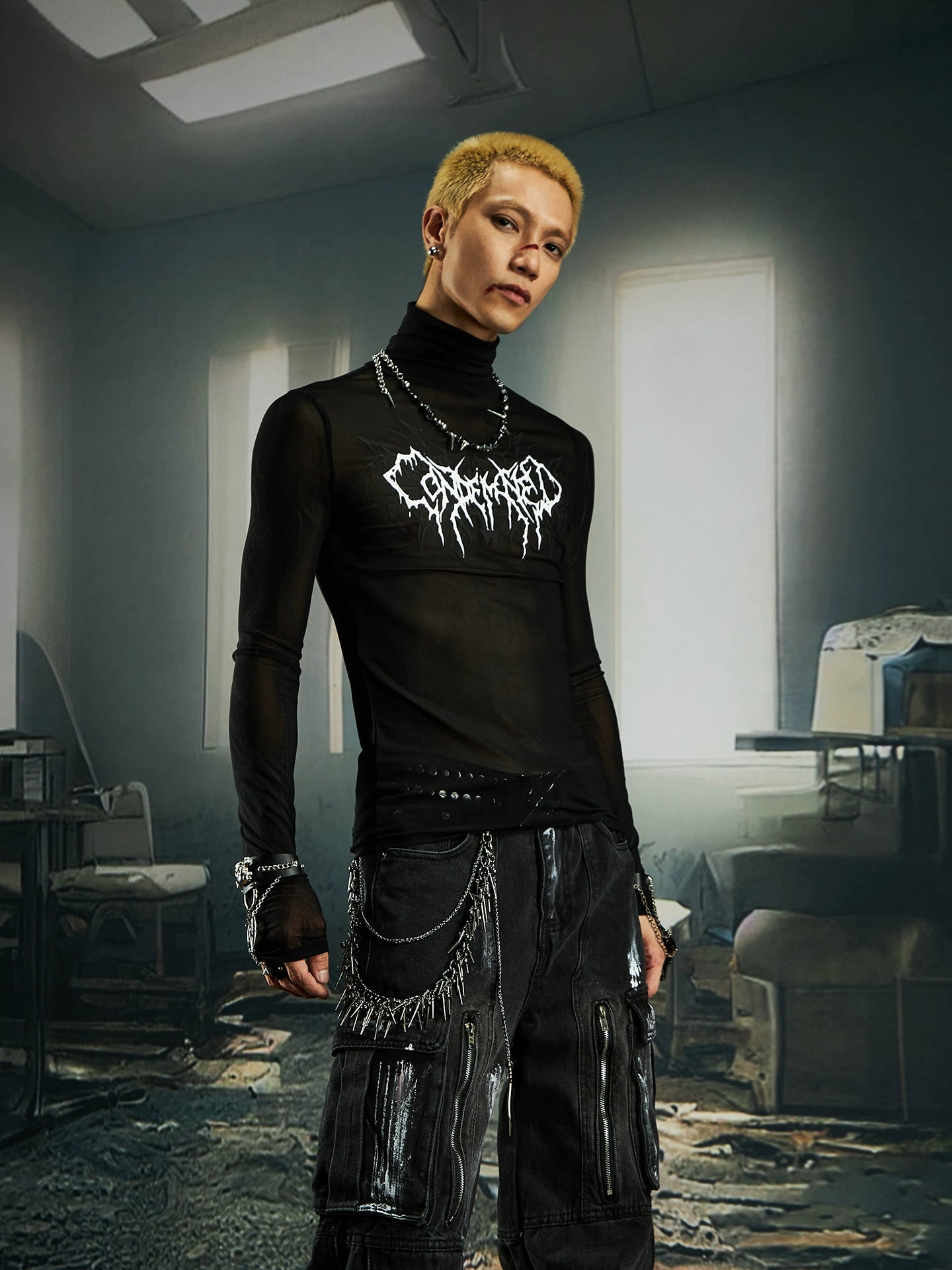 High Elastic Tight Gel Print High-Neck Long Sleeve T-Shirt WN20554