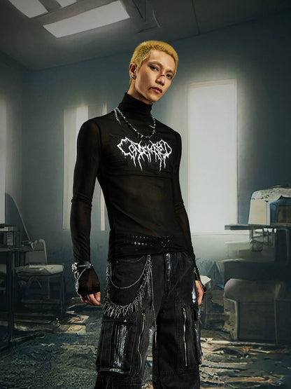 High Elastic Tight Gel Print High-Neck Long Sleeve T-Shirt WN20554